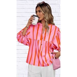Women Striped Puff Sleeve Blouse Pink Orange playful chic spring aesthetic